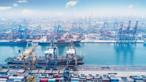 JAKARTA - Indonesia. September 20, 2019: Aerial view of Tanjung Priok industrial port at misty morning